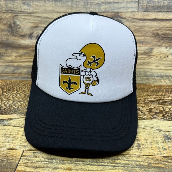 New Orleans Saints Mens Trucker Hat Black Snapback 1970s Logo Football Cap - Picture 2 of 8